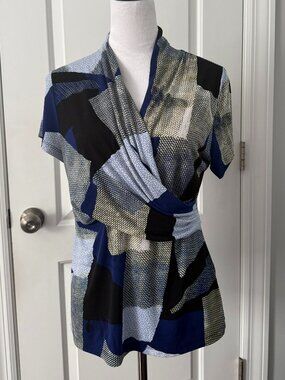 DKNY Abstract Print Faux Wrap Short Sleeve Top Petite Large Blue Black